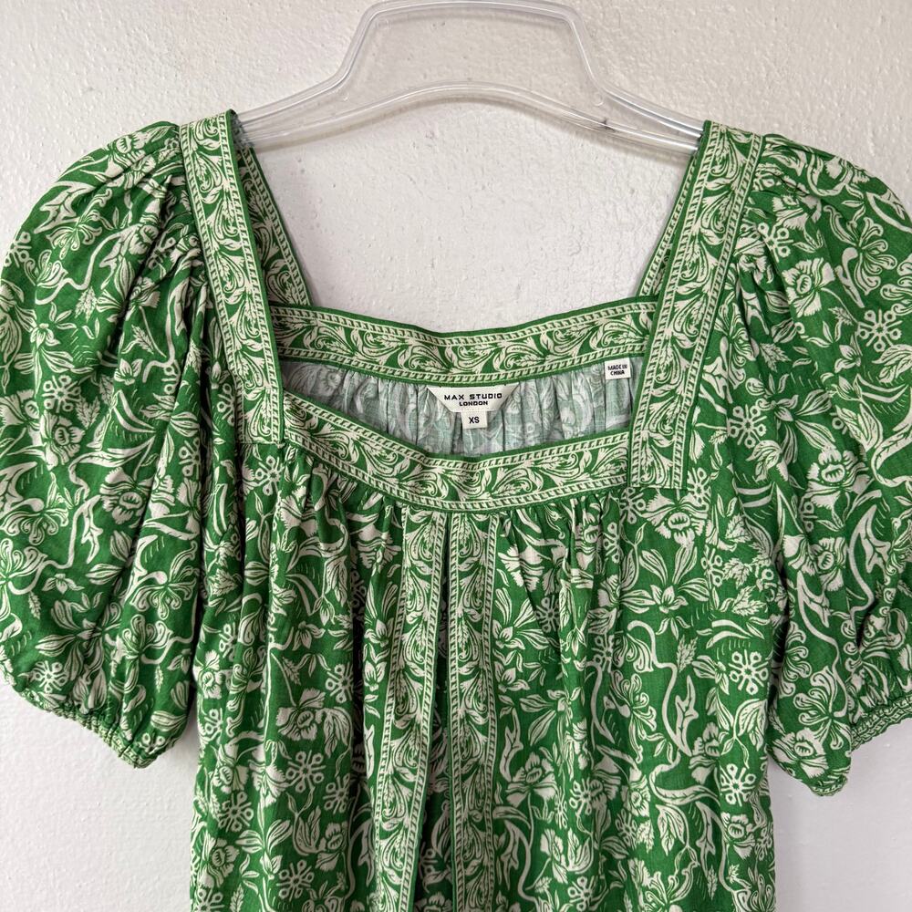 Max Studio green and white floral print blouse features balloon sleeves size XS - Picture 6 of 10